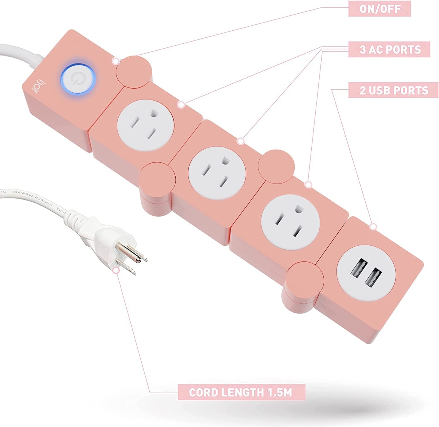 Flexible Power Strip - 3 AC Outlets and 2 USB Charging Ports with Pink Extension Cord, Power Strips with Surge Protection, Decorative Surge Protector Outlet Extender for Home, Office, and More - ElectronicsAreFun