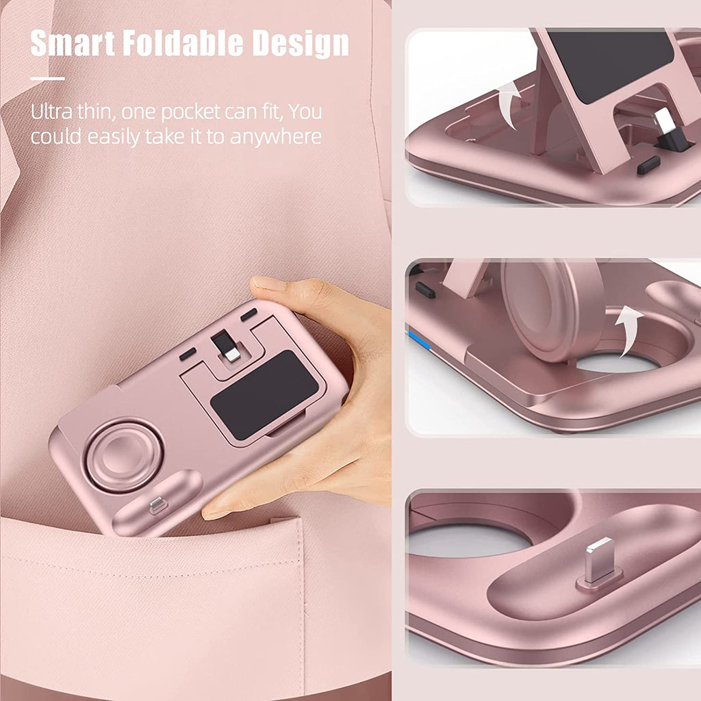 3 in 1 Charging Station for Multiple Devices Apple Bedside Charging Stand for Iphone and Apple Watch 7/6/SE/5/4/3/2/1 Charging Dock for Airpods Pro/3/2/1 (With 12W Fast Charger) Rose Gold - ElectronicsAreFun