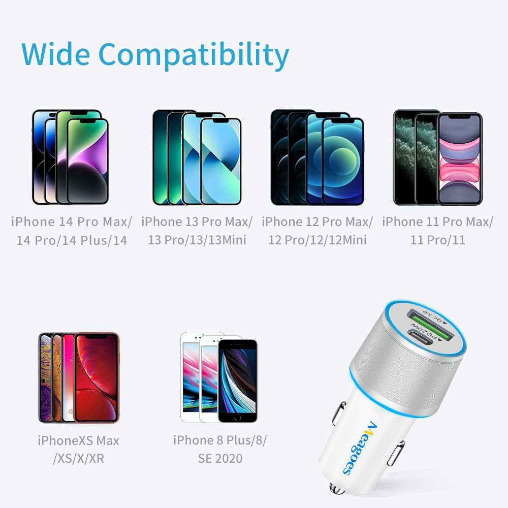 Fast USB C Car Charger, 20W PD Rapid Charging Adapter Compatible for Apple Iphone 14 Pro Max/14 Pro/14 Plus/14/13/12/Mini/11/Xs/Xr/X/8 Plus/Se 3 - 3.3Ft Mfi Certified Type C to Lightning Cable - ElectronicsAreFun