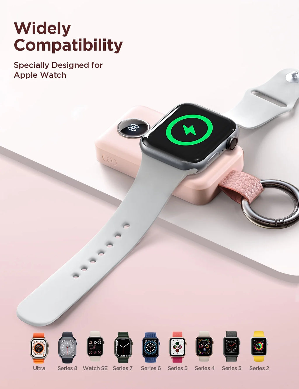 Portable Charger for Apple Watch, 2000Mah Magnetic Wireless Power Bank Fast Charger Keychain, Compatible for Iwatch Series 11/10/9/8/7/6/5/Se/4/3/2/Ultra, Pink - ElectronicsAreFun