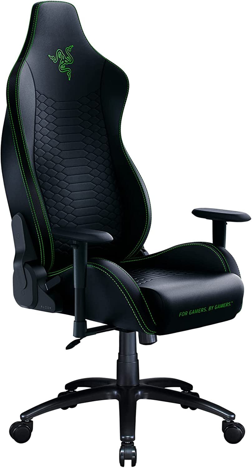 Iskur X Ergonomic Gaming Chair Black/Green - Leather Upholstered Adjustable Armrests High - Density Foam Cushions - ElectronicsAreFun
