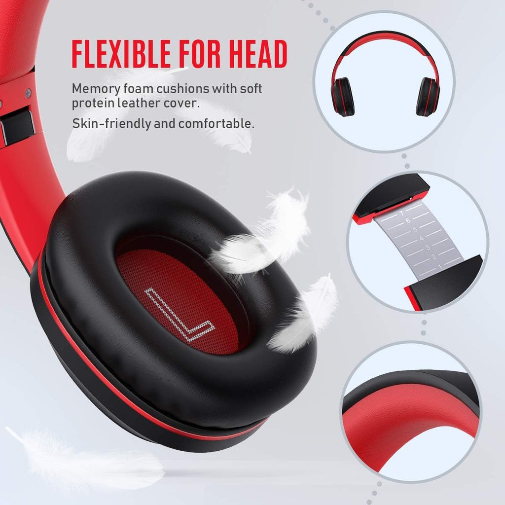 Bluetooth Headphones over Ear, Hi - Fi Deep Bass Wireless and Wired Headsets, 72 Hours Playtime, Soft Memory Protein Earmuffs, Foldable Headphones with CVC6.0 Mic - Red - ElectronicsAreFun