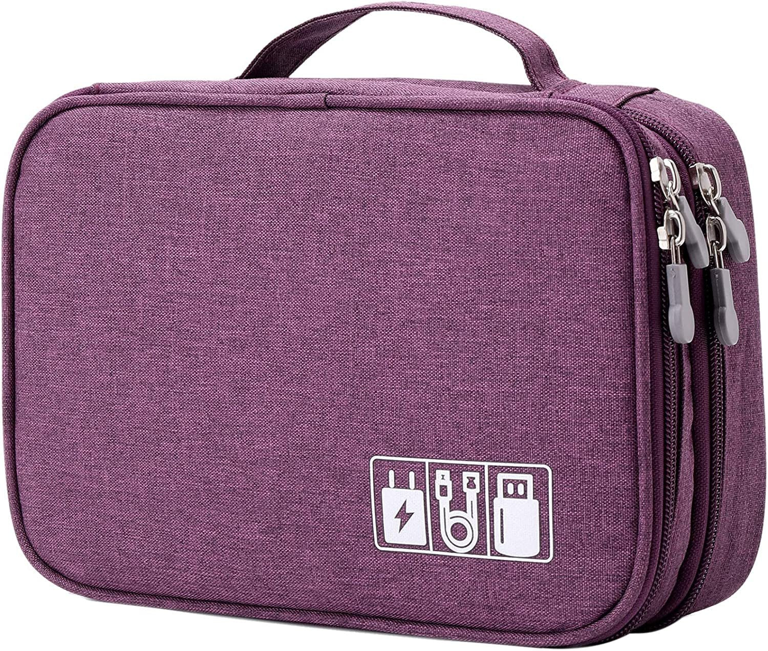 Travel Cable Organizer Bag, Electronic Accessories Case Portable Double Layer Cable Storage Bag for Cord,Phone,Charger, Flash Drive, Phone, SD Card,Personal Items - (Purple) - ElectronicsAreFun