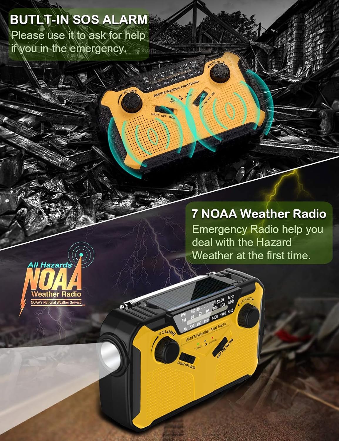 Emergency Radio, NOAA Weather/Am/Fm Portable Hand Crank Solar Radios with SOS Alarm, Battery Powered and Built - In 2500Mah Power Bank, Flashlight and Reading Lamp for Camping, Hurricane, Home - ElectronicsAreFun