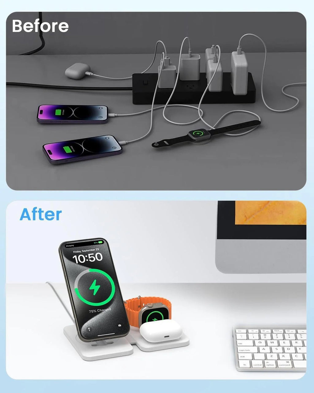 Wireless Charging Station Stand, 3 in 1 Magnetic Charger Stand for Iphone 15/14/13, Foldable Travel Charger Dock for Airpods Pro/3/2, Watch 2 - 9/Se/Ultra - ElectronicsAreFun