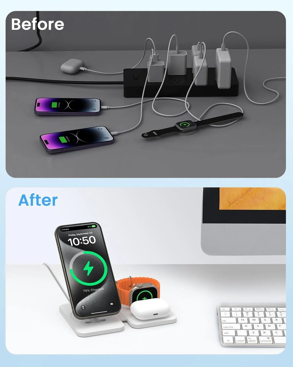 Wireless Charging Station Stand, 3 in 1 Magnetic Charger Stand for Iphone 15/14/13, Foldable Travel Charger Dock for Airpods Pro/3/2, Watch 2 - 9/Se/Ultra - ElectronicsAreFun