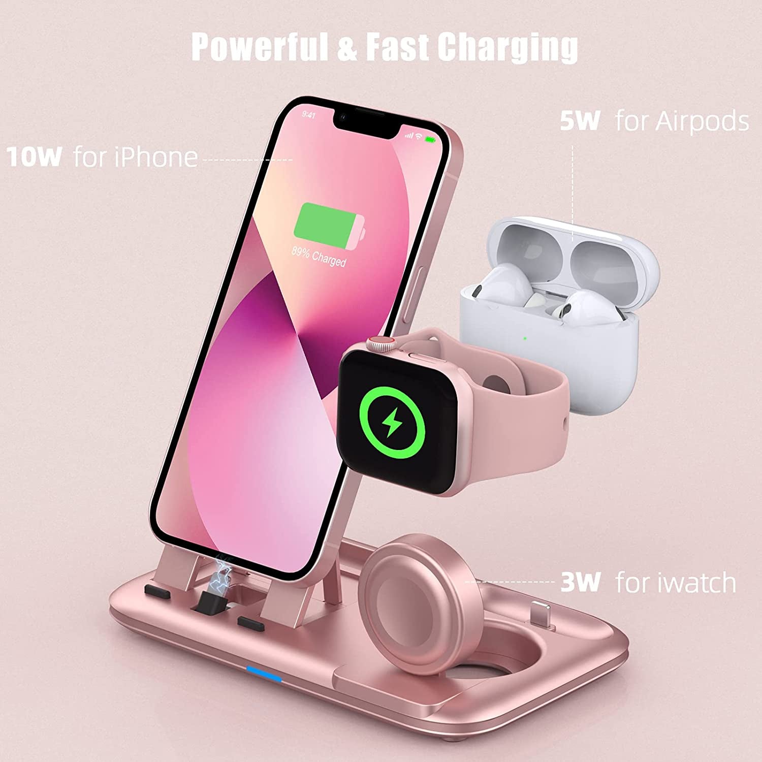 3 in 1 Charging Station for Multiple Devices Apple Bedside Charging Stand for Iphone and Apple Watch 7/6/SE/5/4/3/2/1 Charging Dock for Airpods Pro/3/2/1 (With 12W Fast Charger) Rose Gold - ElectronicsAreFun