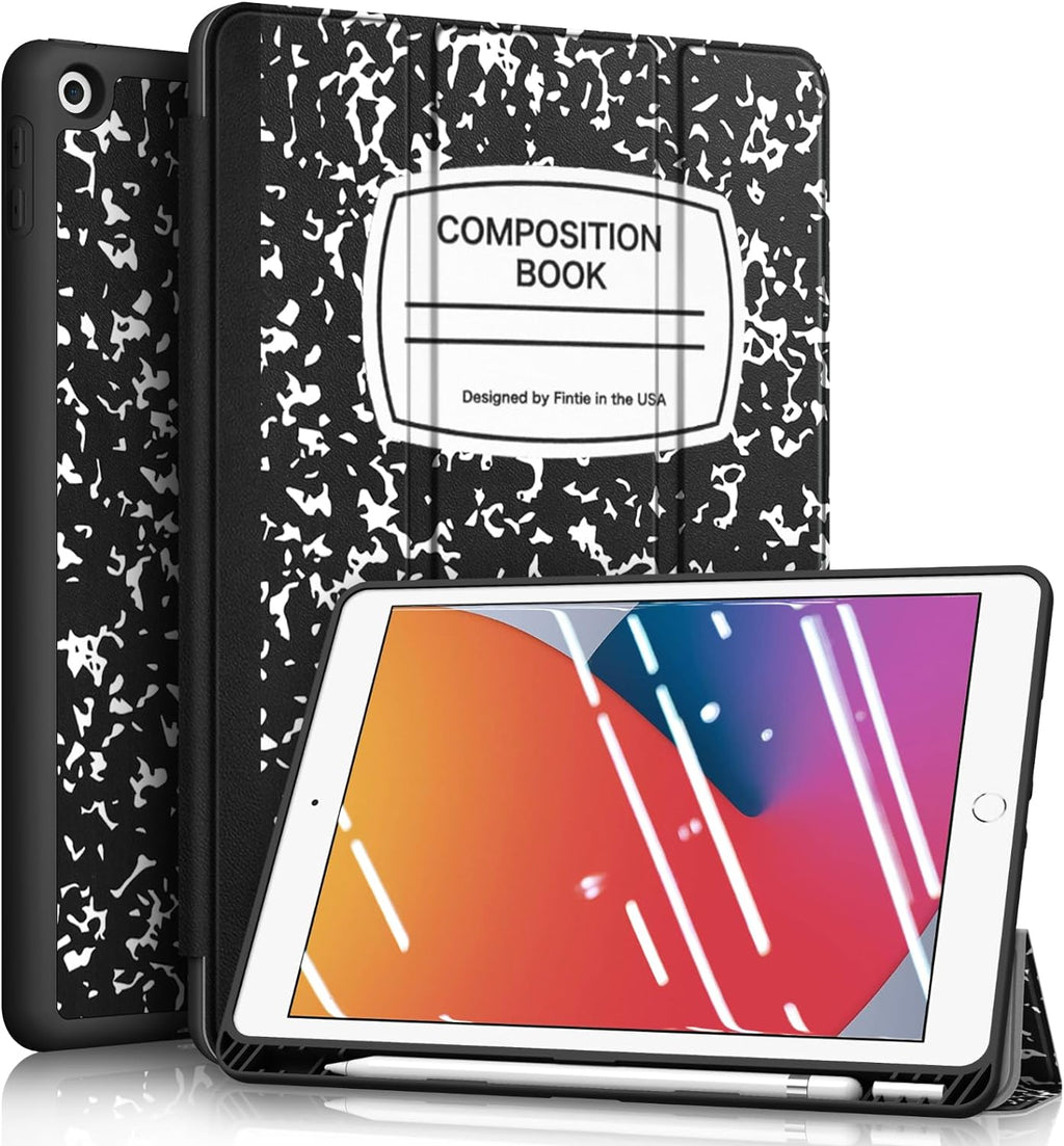 Slimshell Case for Ipad 9Th / 8Th / 7Th Generation (2021/2020/2019 Model) 10.2 Inch - [Built - In Pencil Holder] Soft TPU Protective Stand Back Cover, Auto Wake/Sleep, Composition Book Black - ElectronicsAreFun