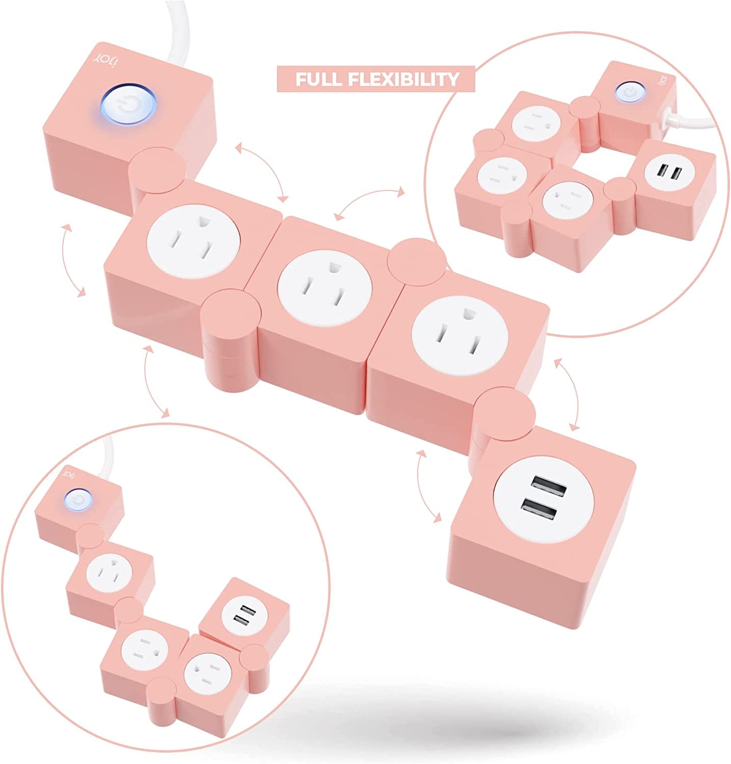 Flexible Power Strip - 3 AC Outlets and 2 USB Charging Ports with Pink Extension Cord, Power Strips with Surge Protection, Decorative Surge Protector Outlet Extender for Home, Office, and More - ElectronicsAreFun