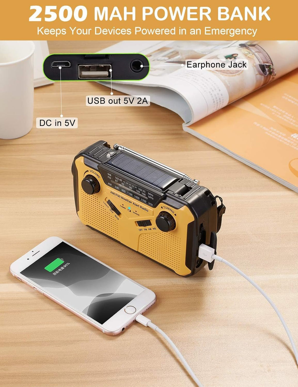 Emergency Radio, NOAA Weather/Am/Fm Portable Hand Crank Solar Radios with SOS Alarm, Battery Powered and Built - In 2500Mah Power Bank, Flashlight and Reading Lamp for Camping, Hurricane, Home - ElectronicsAreFun