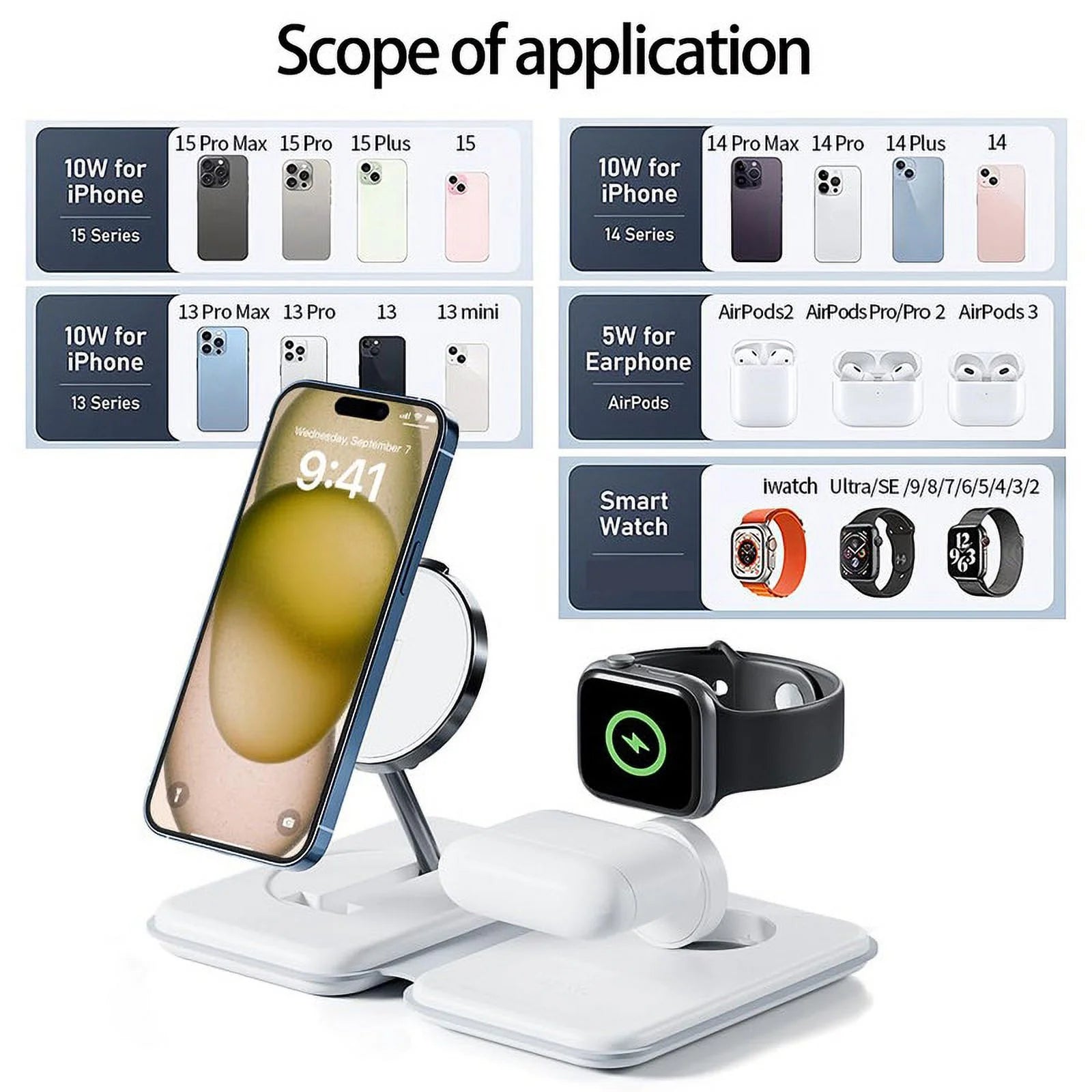 Wireless Charging Station Stand, 3 in 1 Magnetic Charger Stand for Iphone 15/14/13, Foldable Travel Charger Dock for Airpods Pro/3/2, Watch 2 - 9/Se/Ultra - ElectronicsAreFun