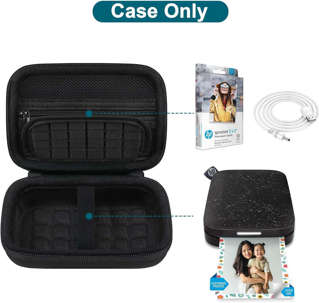 Hard Case for HP Sprocket 2X3 Portable Instant Photo Printer, Zipper Mesh Pocket Fits Photo Paper and Cable, Black - ElectronicsAreFun