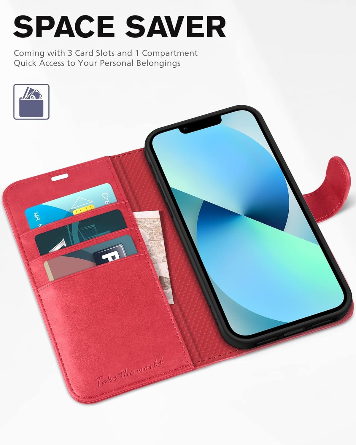Wallet Case for Iphone 13 6.1 - Inch 5G, [RFID Blocking] Card Slots Holder Stand [Shockproof TPU Interior Case] PU Leather Magnetic Protective Flip Cover Compatible with Iphone 13 6.1" 2021, Red - ElectronicsAreFun