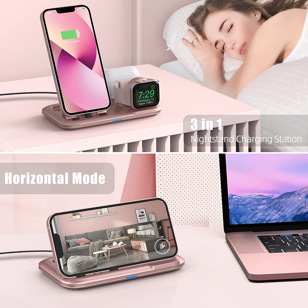 3 in 1 Charging Station for Multiple Devices Apple Bedside Charging Stand for Iphone and Apple Watch 7/6/SE/5/4/3/2/1 Charging Dock for Airpods Pro/3/2/1 (With 12W Fast Charger) Rose Gold - ElectronicsAreFun