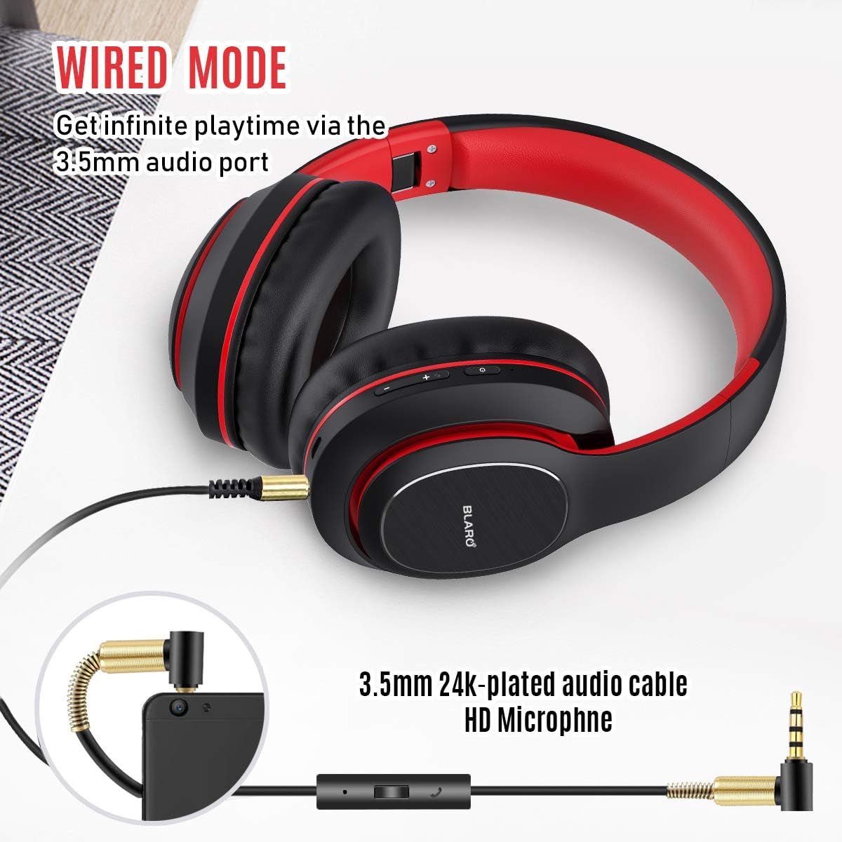 Bluetooth Headphones over Ear, Hi - Fi Deep Bass Wireless and Wired Headsets, 72 Hours Playtime, Soft Memory Protein Earmuffs, Foldable Headphones with CVC6.0 Mic - Red - ElectronicsAreFun