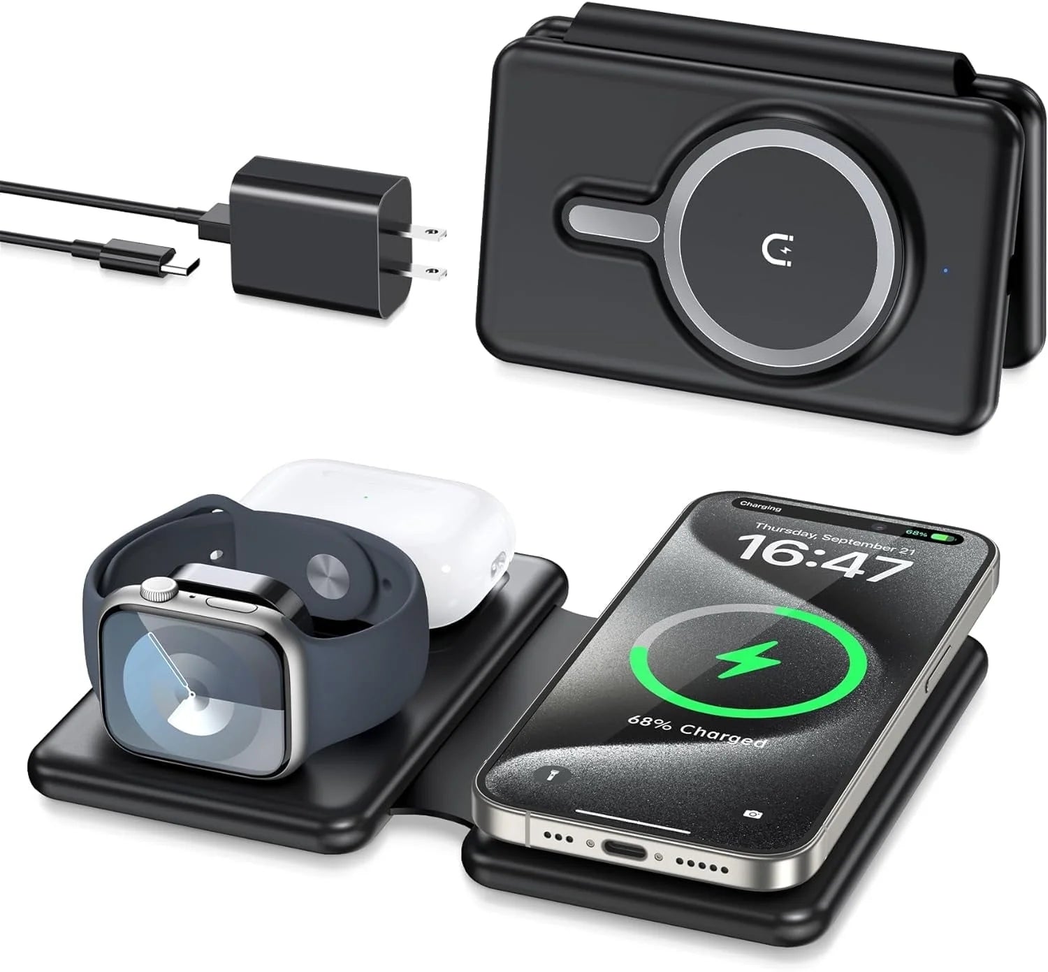 Wireless Charger for Iphione: 3 in 1 Foldable Charging Station Compatible for Iphone 15/14/13/Pro/Max& Iwatch Series& Airpods 3/2/Pro, Black - ElectronicsAreFun