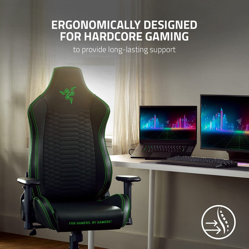 Iskur X Ergonomic Gaming Chair Black/Green - Leather Upholstered Adjustable Armrests High - Density Foam Cushions - ElectronicsAreFun