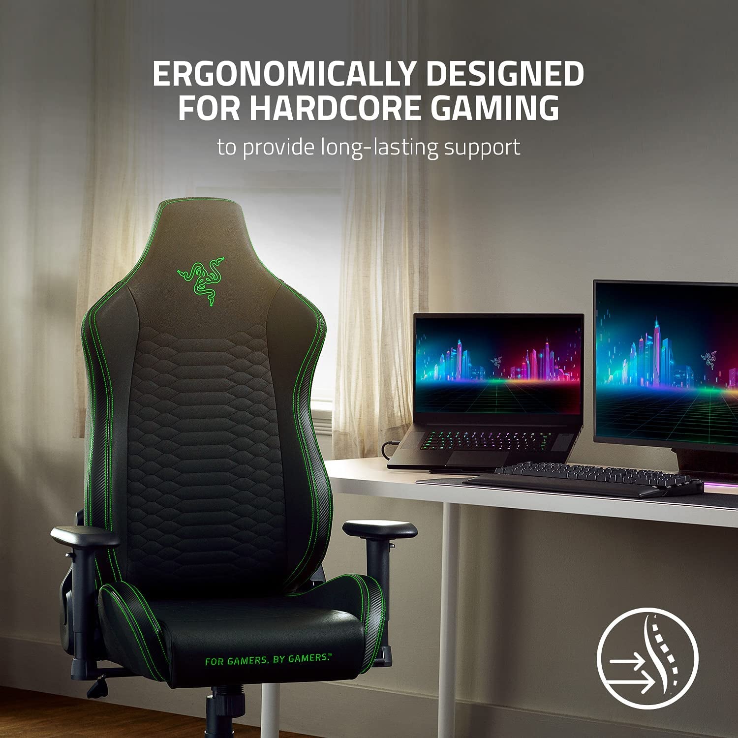 Iskur X Ergonomic Gaming Chair Black/Green - Leather Upholstered Adjustable Armrests High - Density Foam Cushions - ElectronicsAreFun
