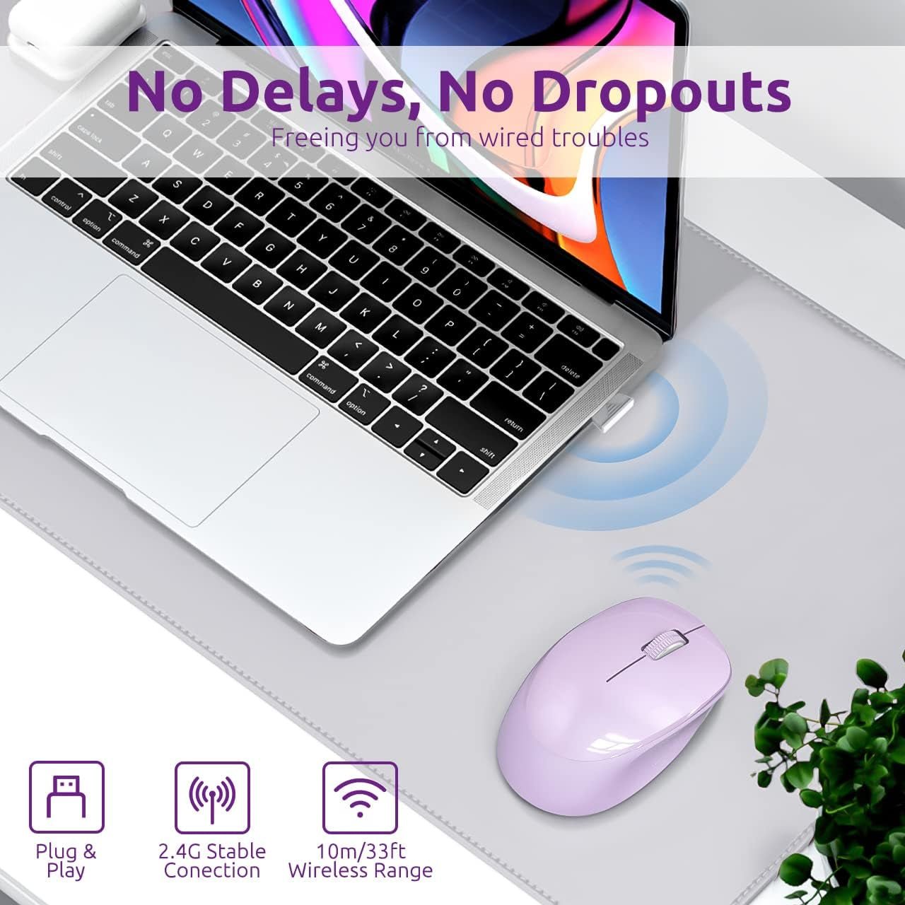 Wireless Mouse E702 2.4Ghz Portable Computer Mouse with USB Receiver, Comfortable Silent Mice for Laptop, Chromebook, PC, Notebook, Desktop, Windows, Mac (Purple) - ElectronicsAreFun