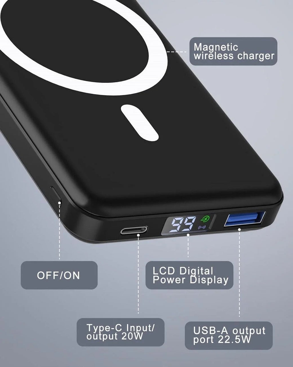 Wireless Portable Charger, 10000Mah Magnetic Power Bank LED Display 22.5W PD Fast Charging Battery Pack for Iphone 16/15/14/13/12/Mini/Pro/Pro Max - Black - ElectronicsAreFun