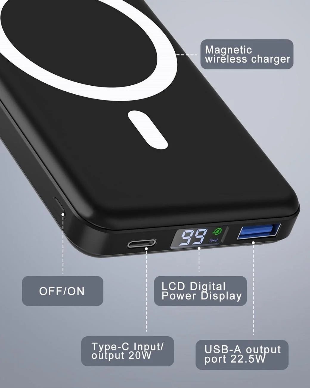 Wireless Portable Charger, 10000Mah Magnetic Power Bank LED Display 22.5W PD Fast Charging Battery Pack for Iphone 16/15/14/13/12/Mini/Pro/Pro Max - Black - ElectronicsAreFun