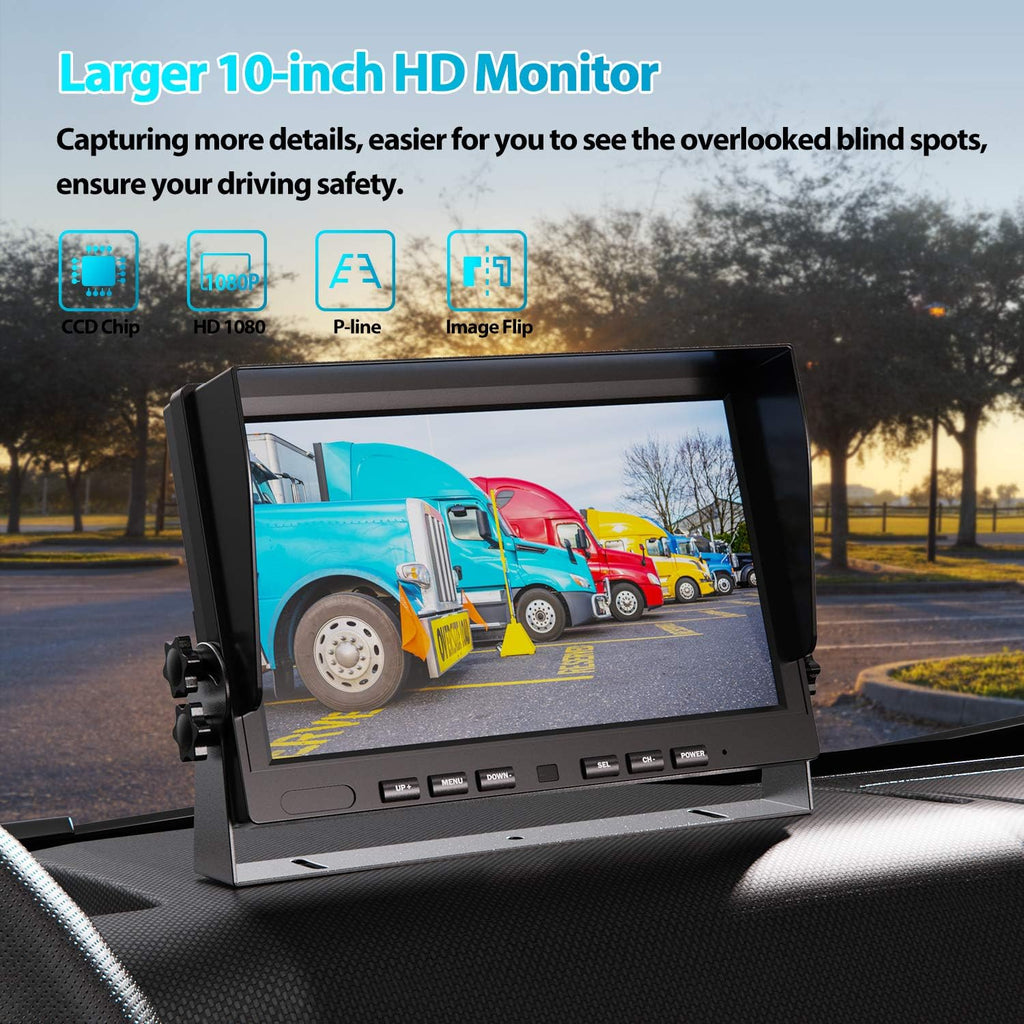 Ⅱ 10" 1080P Wired Backup Camera System,10 - Inch HD Dual Split Screen Monitor with Recording IP69 Waterproof Rear View Camera Parking Lines Supports up to 2 Cameras for Truck/Trailer/Rv(Dy101) - ElectronicsAreFun