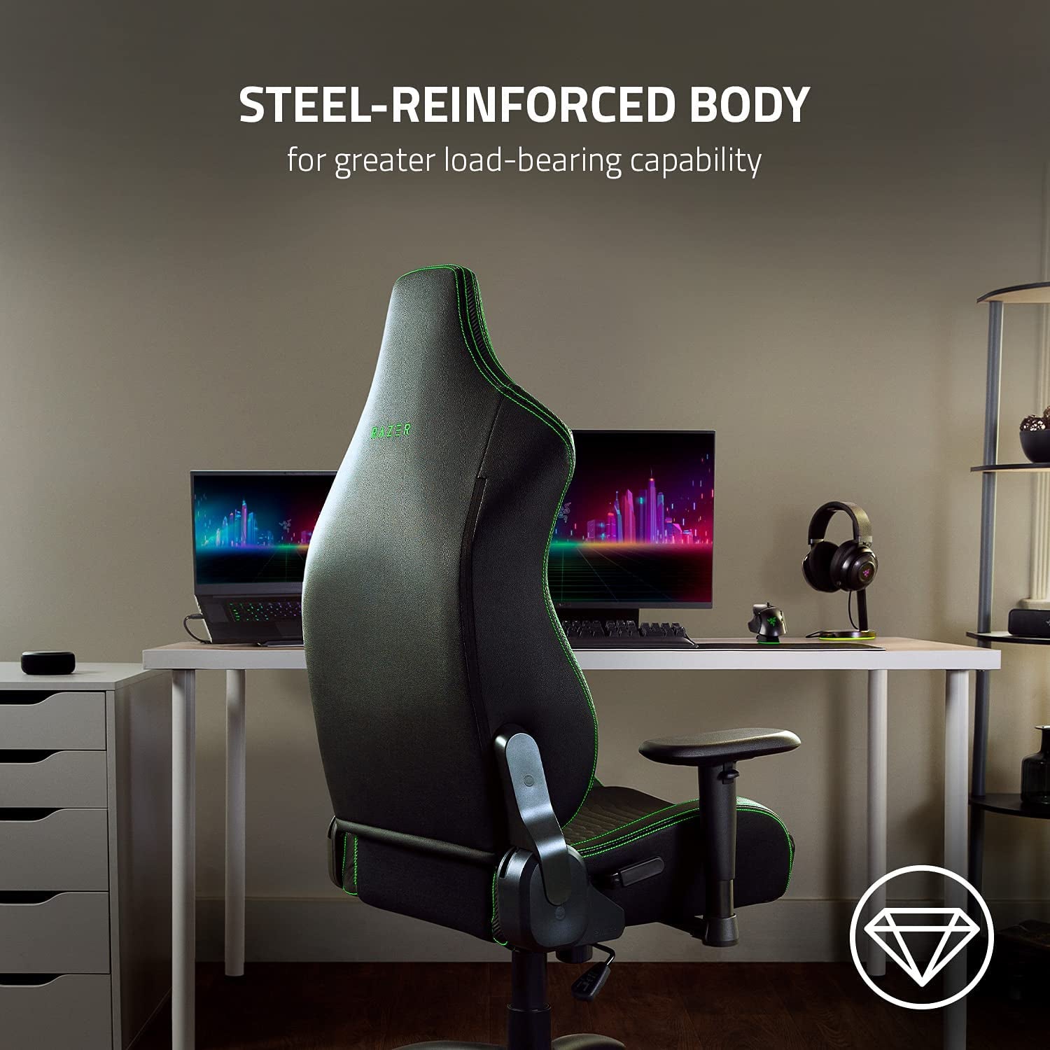 Iskur X Ergonomic Gaming Chair Black/Green - Leather Upholstered Adjustable Armrests High - Density Foam Cushions - ElectronicsAreFun