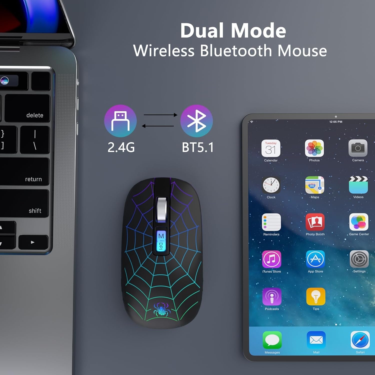 Wireless Bluetooth Mouse, LED Laptop Mouse with Dual Mode (Bluetooth + USB) 2.4Ghz, Portable Cordless Slient Computer Mice for Macbook/Windows/Chromebook - Balck - ElectronicsAreFun