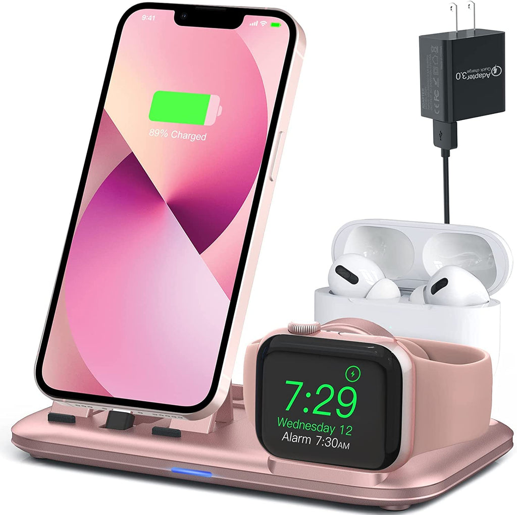 3 in 1 Charging Station for Multiple Devices Apple Bedside Charging Stand for Iphone and Apple Watch 7/6/SE/5/4/3/2/1 Charging Dock for Airpods Pro/3/2/1 (With 12W Fast Charger) Rose Gold - ElectronicsAreFun