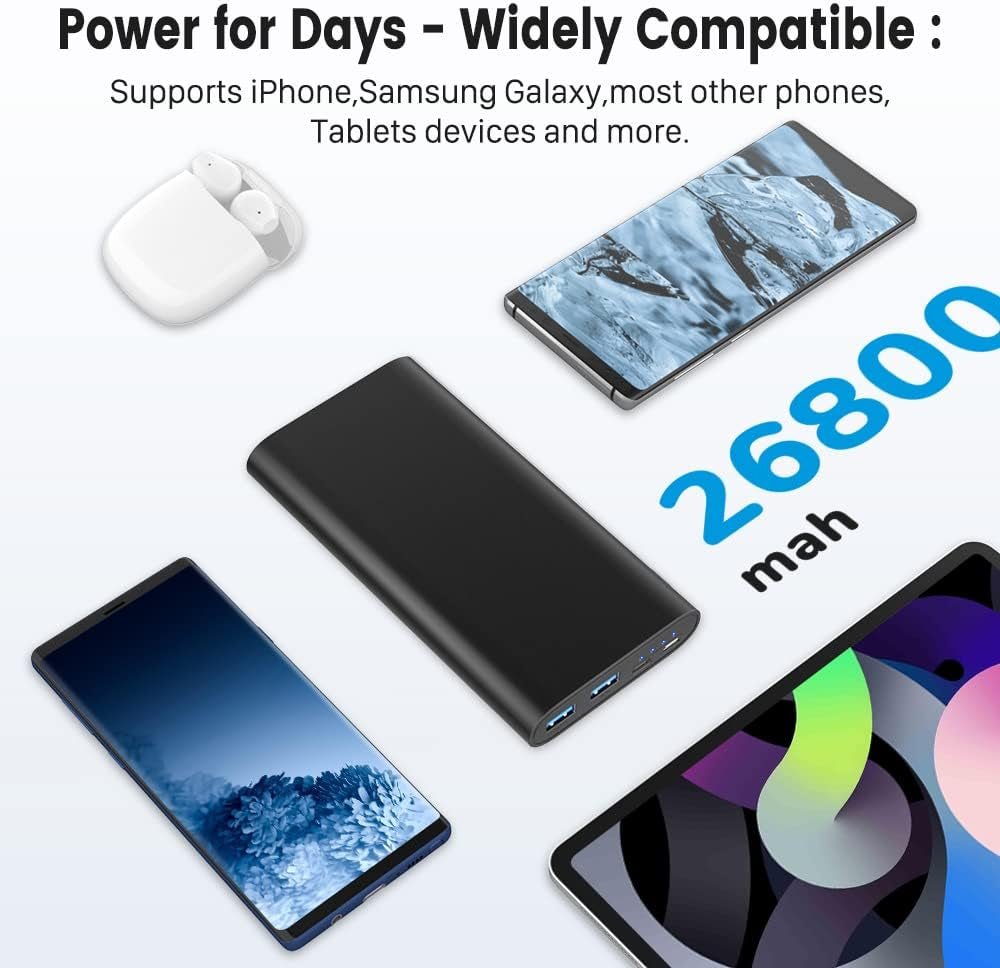 26800Mah Portable Charger Power Bank, Dual USB W/Usb - C Fast Charging Battery Pack Portable Phone Charger for Iphone 16 15 14 13 X SE 8, Ipad,Airpods,Samsung S22 S23, Google Pixel, Android Phone - ElectronicsAreFun