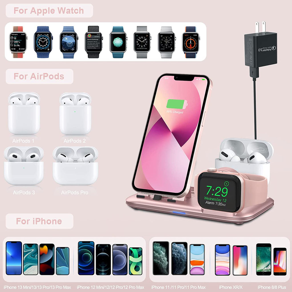 3 in 1 Charging Station for Multiple Devices Apple Bedside Charging Stand for Iphone and Apple Watch 7/6/SE/5/4/3/2/1 Charging Dock for Airpods Pro/3/2/1 (With 12W Fast Charger) Rose Gold - ElectronicsAreFun