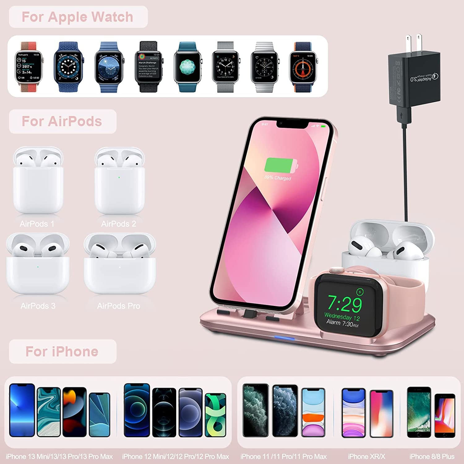 3 in 1 Charging Station for Multiple Devices Apple Bedside Charging Stand for Iphone and Apple Watch 7/6/SE/5/4/3/2/1 Charging Dock for Airpods Pro/3/2/1 (With 12W Fast Charger) Rose Gold - ElectronicsAreFun