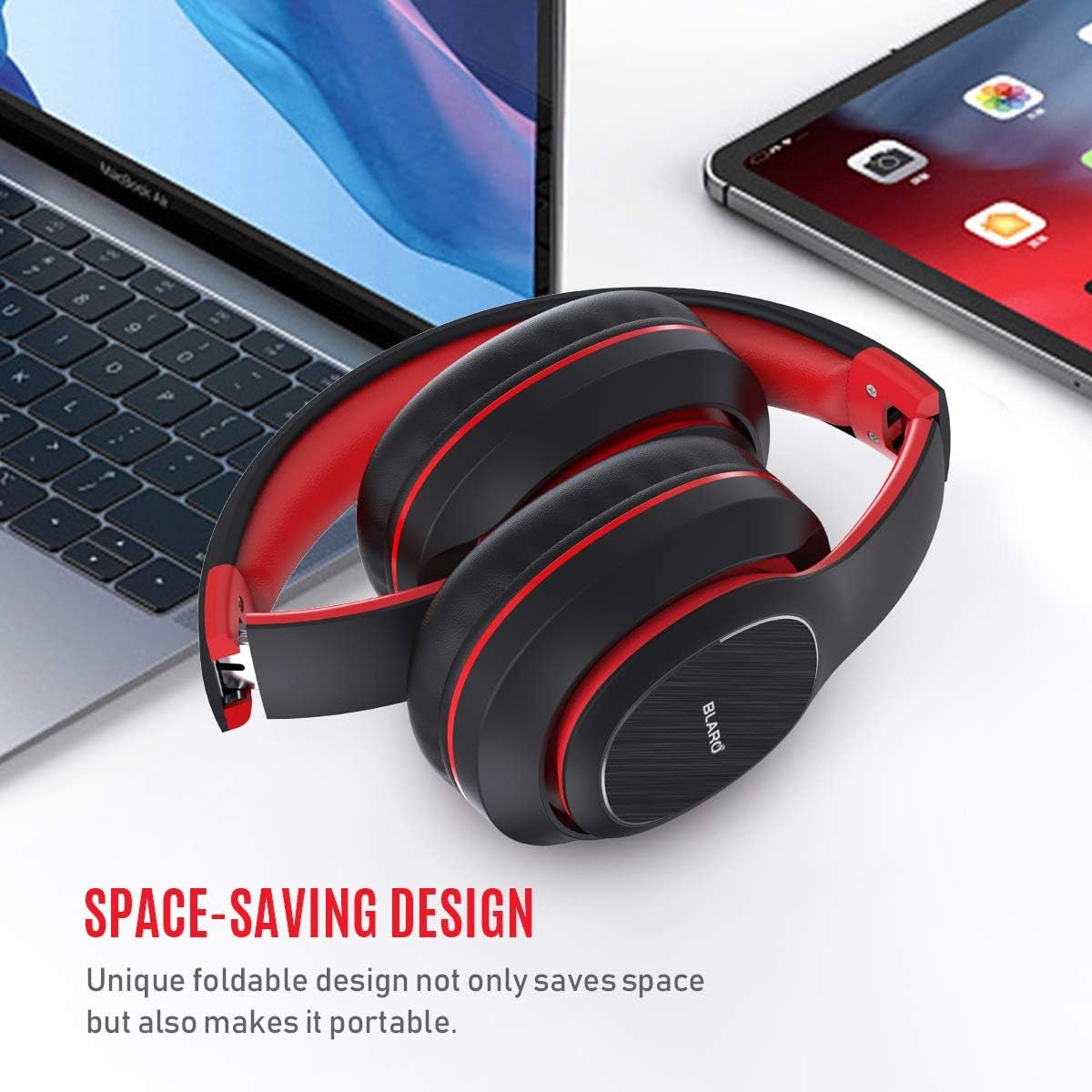 Bluetooth Headphones over Ear, Hi - Fi Deep Bass Wireless and Wired Headsets, 72 Hours Playtime, Soft Memory Protein Earmuffs, Foldable Headphones with CVC6.0 Mic - Red - ElectronicsAreFun
