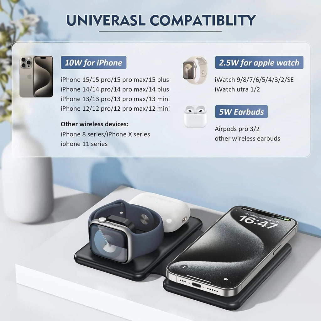 Wireless Charger for Iphione: 3 in 1 Foldable Charging Station Compatible for Iphone 15/14/13/Pro/Max& Iwatch Series& Airpods 3/2/Pro, Black - ElectronicsAreFun
