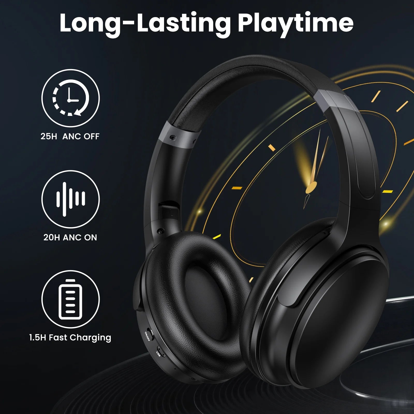 Noise Cancelling Headphones, Wireless Bluetooth Headphones, over Ear Headphones with Microphone, Black, Q8 - ElectronicsAreFun