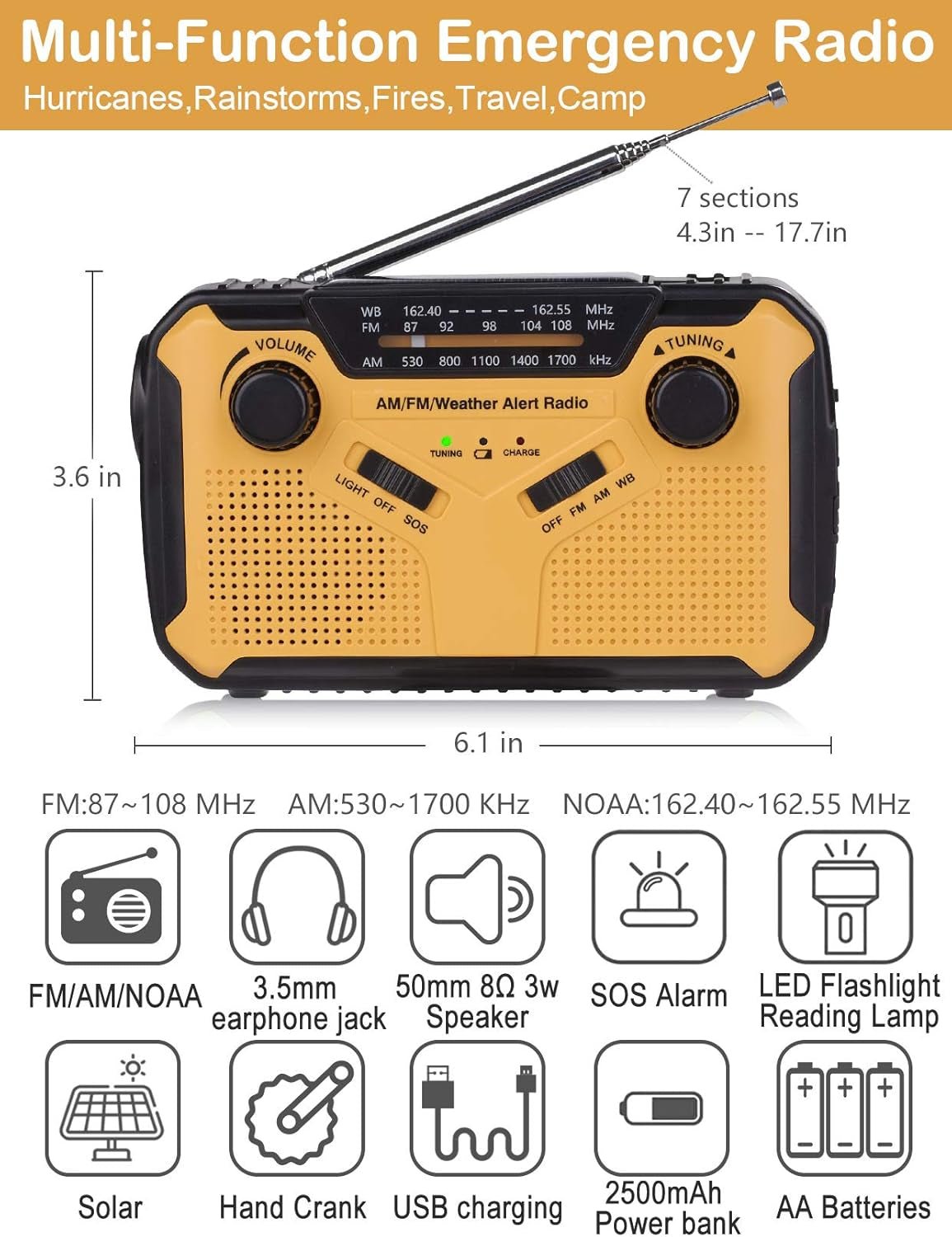 Emergency Radio, NOAA Weather/Am/Fm Portable Hand Crank Solar Radios with SOS Alarm, Battery Powered and Built - In 2500Mah Power Bank, Flashlight and Reading Lamp for Camping, Hurricane, Home - ElectronicsAreFun