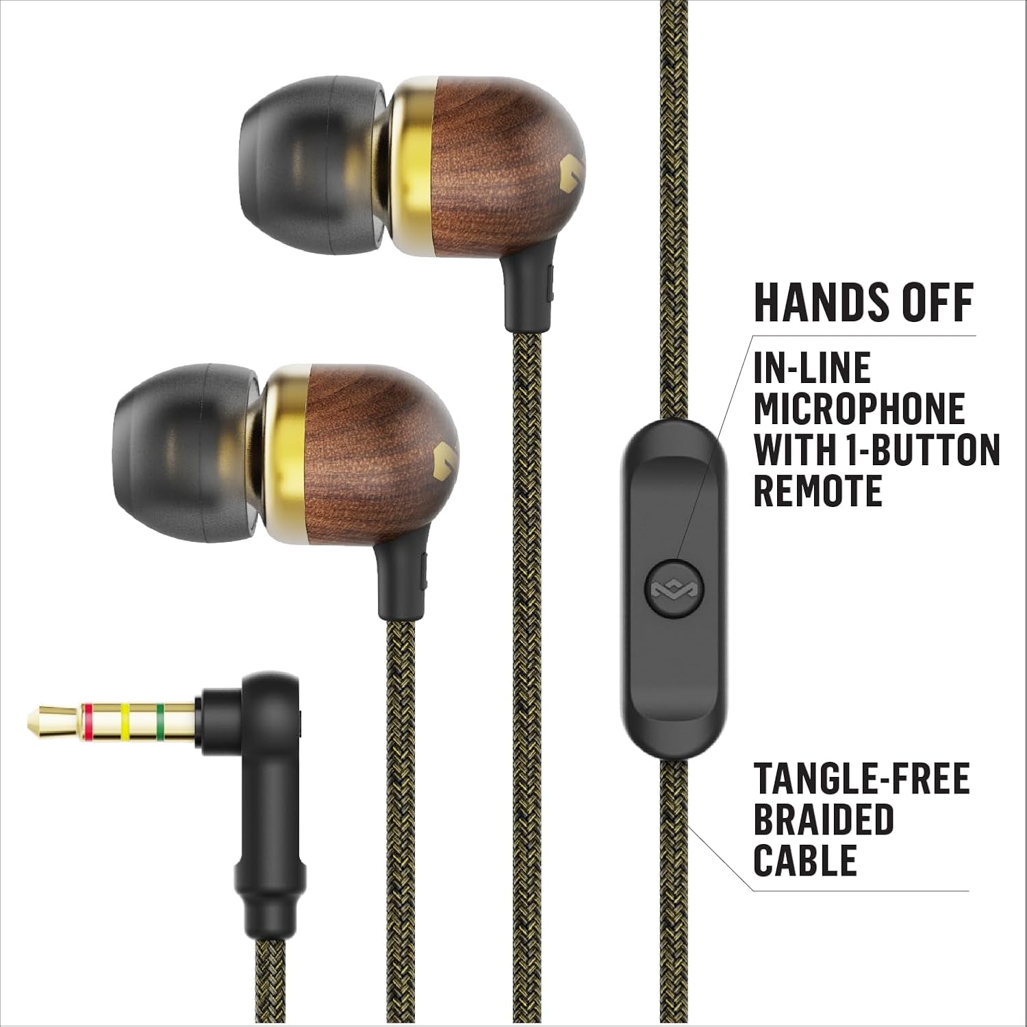 Smile Jamaica: Wired Earphones with Microphone, Noise Isolating Design, and Sustainable Materials, Brass - ElectronicsAreFun
