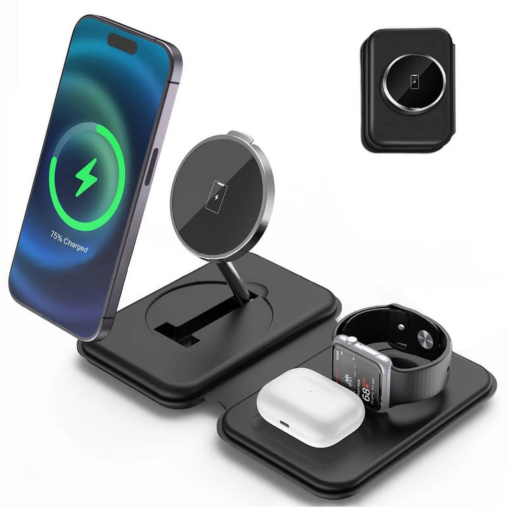 Wireless Charging Station Stand, 3 in 1 Magnetic Charger Stand for Iphone 15/14/13, Foldable Travel Charger Dock for Airpods Pro/3/2, Watch 2 - 9/Se/Ultra - ElectronicsAreFun