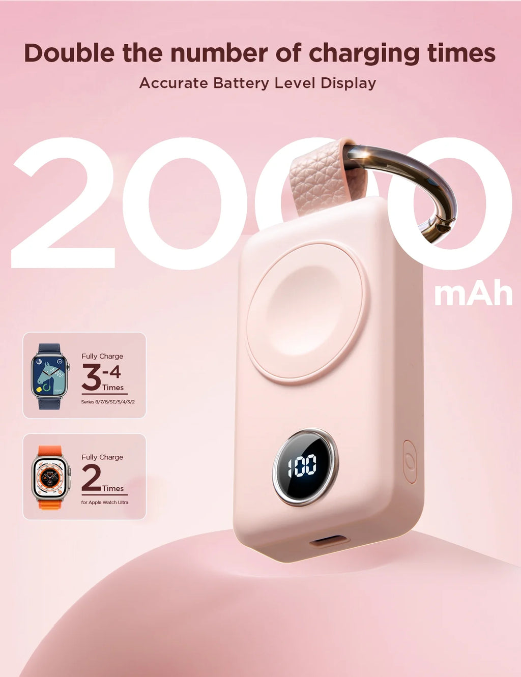 Portable Charger for Apple Watch, 2000Mah Magnetic Wireless Power Bank Fast Charger Keychain, Compatible for Iwatch Series 11/10/9/8/7/6/5/Se/4/3/2/Ultra, Pink - ElectronicsAreFun