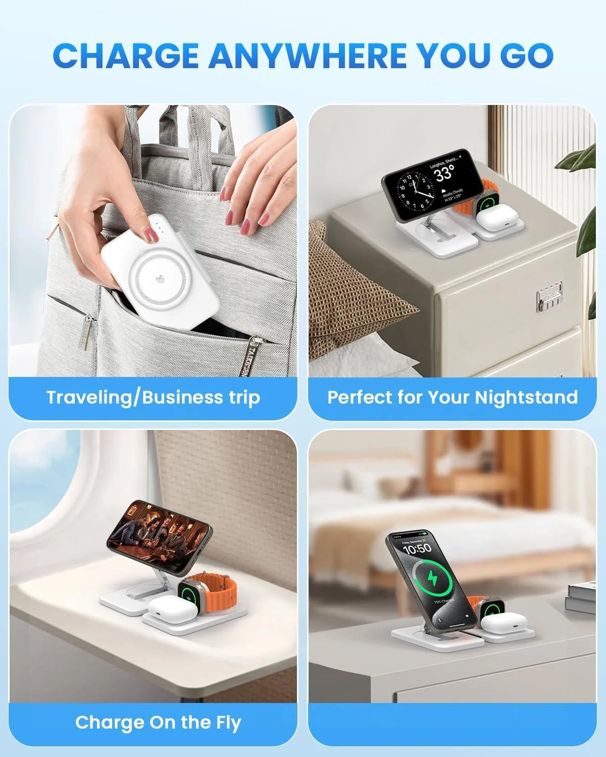 Wireless Charging Station Stand, 3 in 1 Magnetic Charger Stand for Iphone 15/14/13, Foldable Travel Charger Dock for Airpods Pro/3/2, Watch 2 - 9/Se/Ultra - ElectronicsAreFun